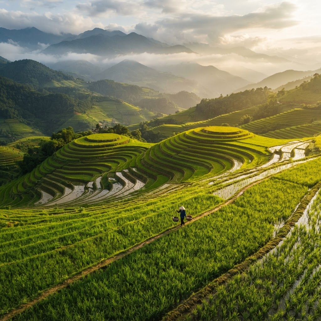 Aerial view of rice terraces in Southeast Asia at golden hour