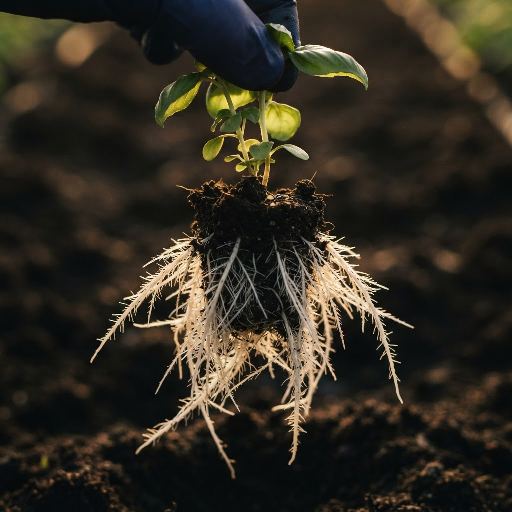 Dense white root system of a seedling treated with BM7